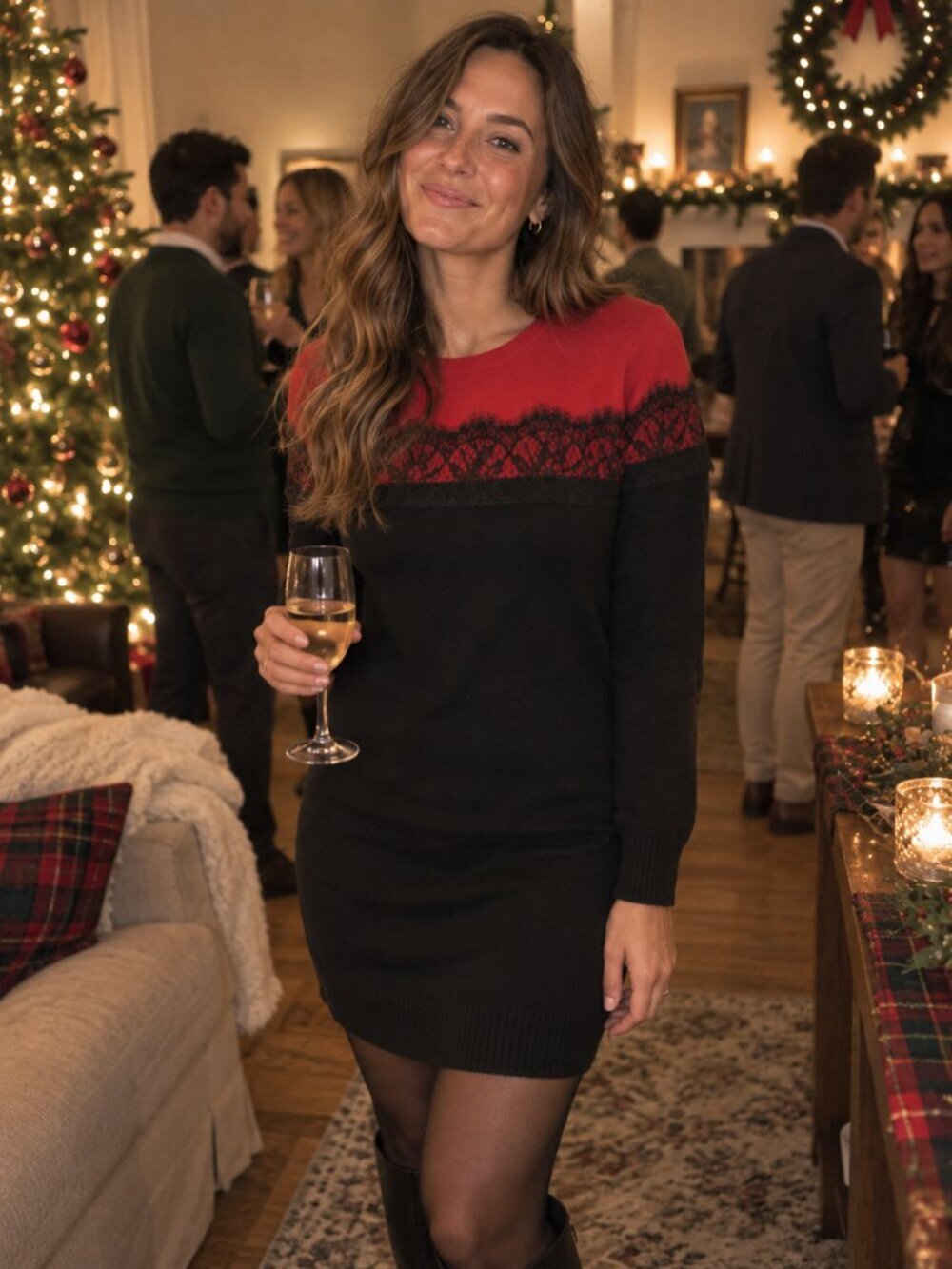 Apt. 9 Sweater Dress L NWT Lace Colorblock Red Black Lace Event Dressy Knit Warm